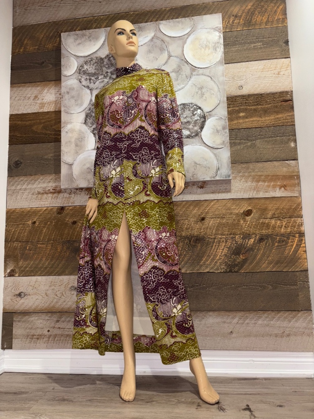 Vintage 60s 70s Psychedelic Maxi | Embellished Sequin Detail | High Neck S/M